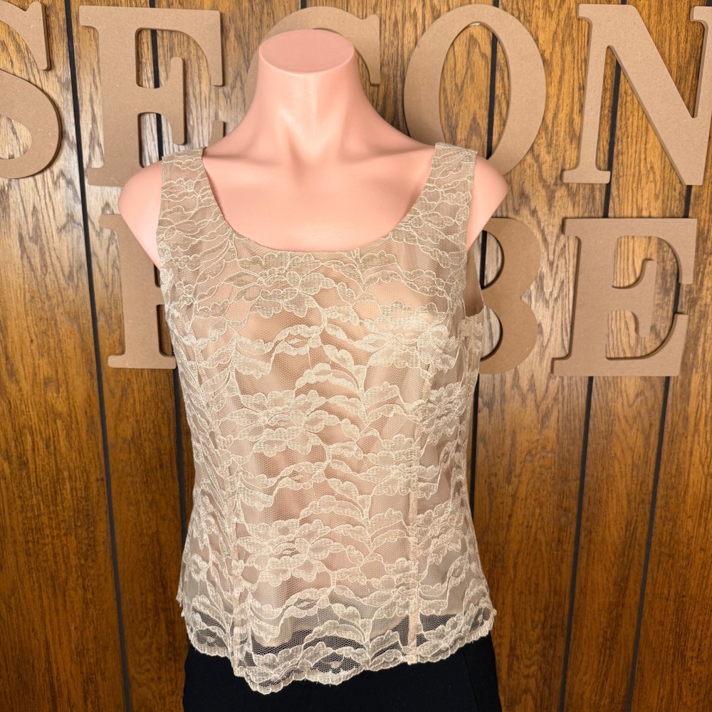 Le Suit Lace Shell Top Womens 6P Beige Coquette Y2K Grandmacore Floral Tank